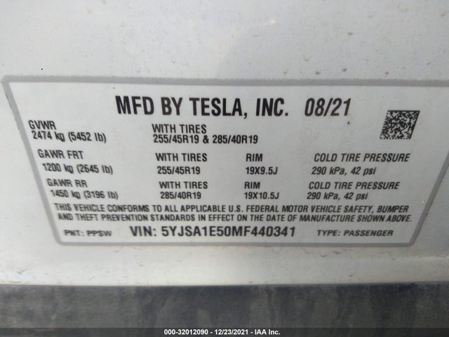 2021 Tesla Model S, VIN: 5YJSA1E50MF440341
