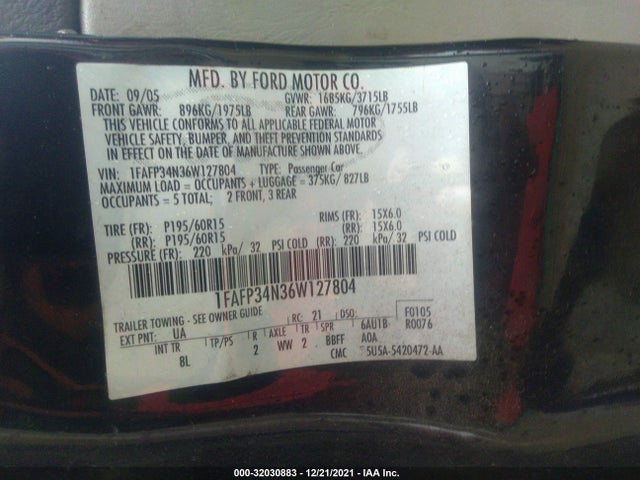2006 FORD FOCUS S/SE/SES VIN: 1FAFP34N36W127804