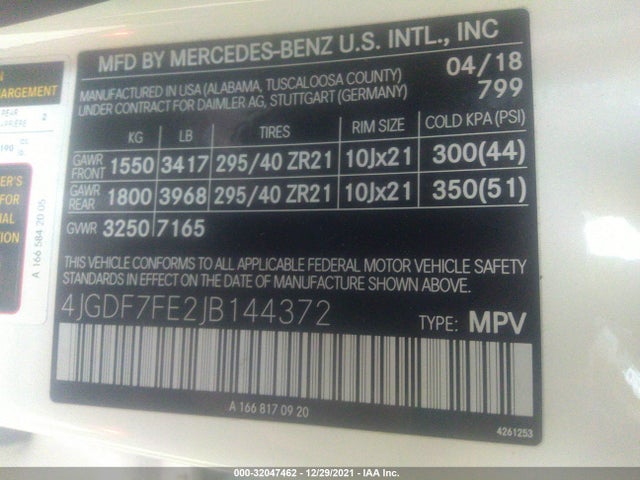 2018 Mercedes-Benz GLS-Class, VIN: 4JGDF7FE2JB144372