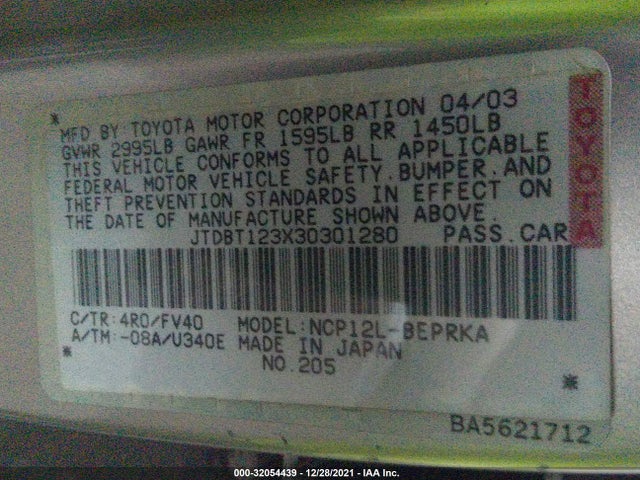 2003 TOYOTA ECHO VIN: JTDBT123X30301280