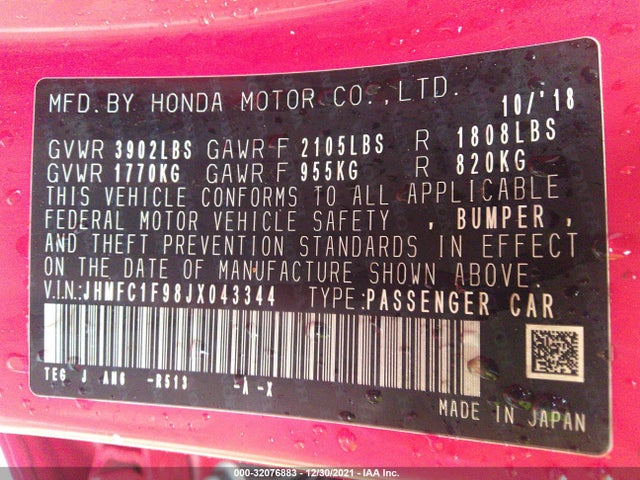 Honda CIVIC SEDAN 2018 JHMFC1F98JX043344 Image 9