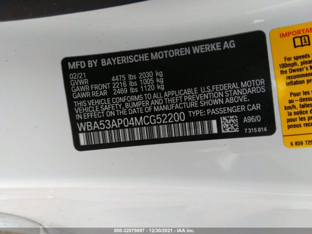 2021 BMW 4 Series, VIN: WBA53AP04MCG52200
