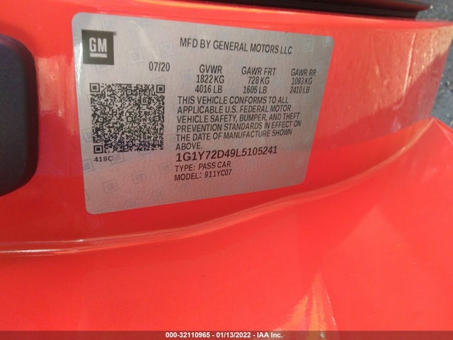 2020 Chevrolet Corvette, VIN: 1G1Y72D49L5105241