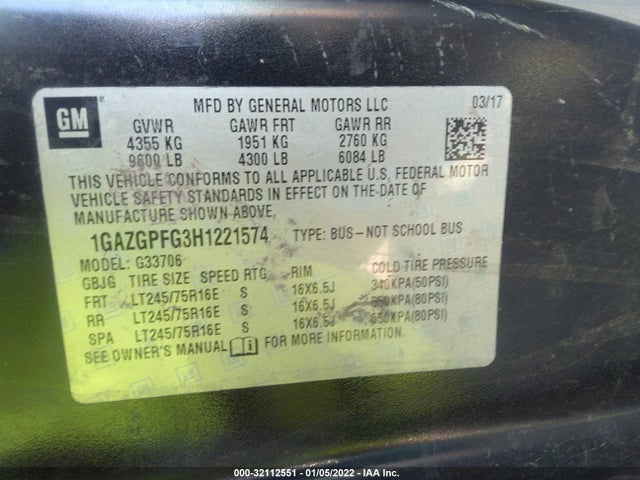 2017 Chevrolet Express, VIN: 1GAZGPFG3H1221574
