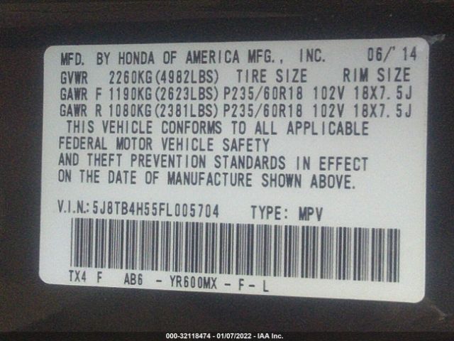 5J8TB4H55FL005704 Acura Rdx Tech Pkg