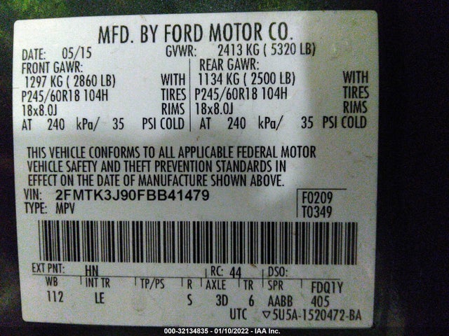 2015 FORD EDGE VIN: 2FMTK3J90FBB41479