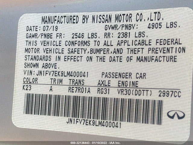 2020 Infiniti Q60, VIN: JN1FV7EK9LM400041