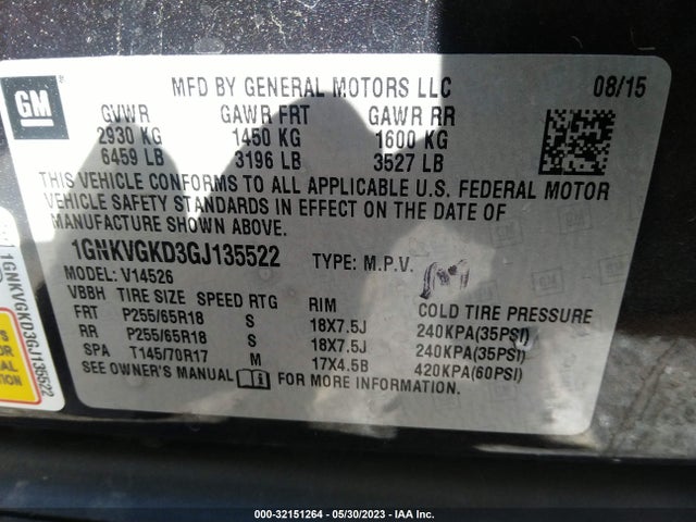 Chevrolet Traverse Lt 2016 1GNKVGKD3GJ135522 Image 11