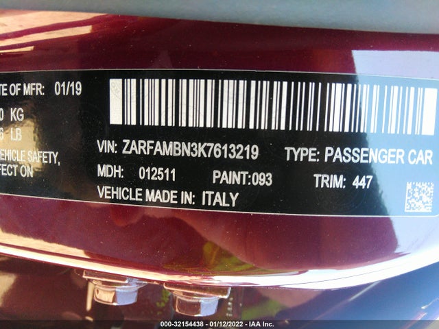 2019 Alfa Romeo Giulia, VIN: ZARFAMBN3K7613219