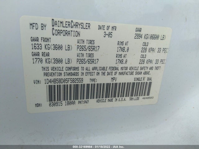 Dodge DURANGO LIMITED 2005 1D4HB58D05F582559 Image 10
