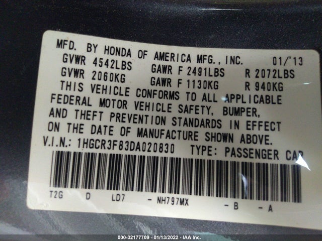 2013 HONDA ACCORD SDN EX-L VIN: 1HGCR3F83DA020830