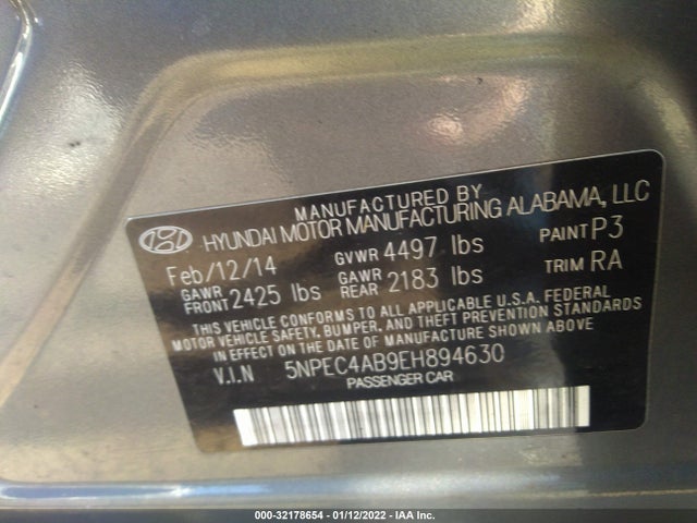 2014 HYUNDAI SONATA VIN: 5NPEC4AB9EH894630