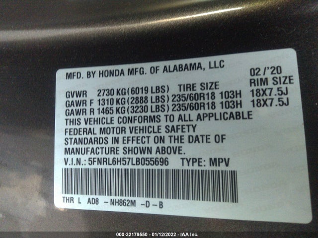 2020 Honda Odyssey, VIN: 5FNRL6H57LB055696