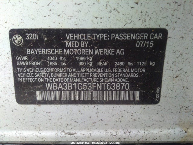 BMW 3 Series 320i 2015 WBA3B1G53FNT63870 Image 9