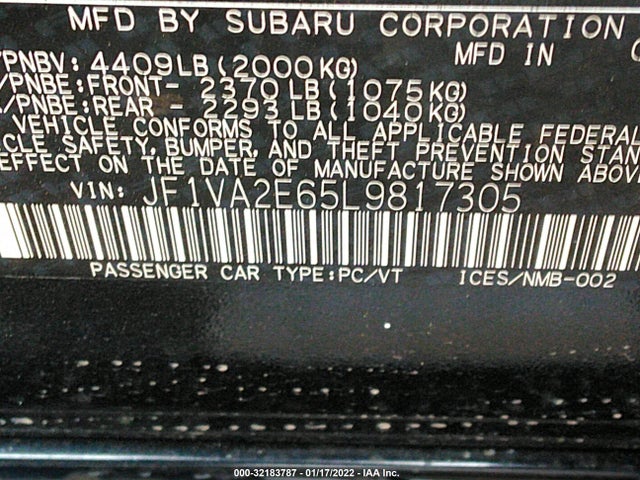 2020 Subaru WRX, VIN: JF1VA2E65L9817305