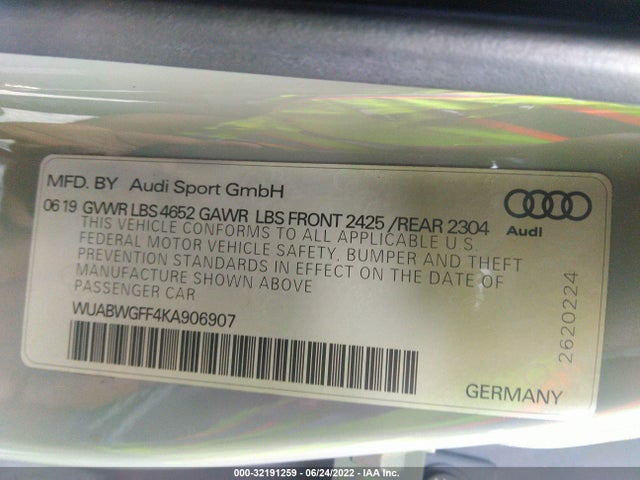 2019 Audi RS 3, VIN: WUABWGFF4KA906907