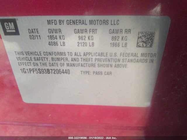 2011 CHEVROLET CRUZE VIN: 1G1PF5S93B7206440