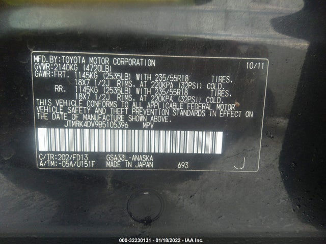 2011 TOYOTA RAV4 SPORT VIN: JTMRK4DV9B5105396