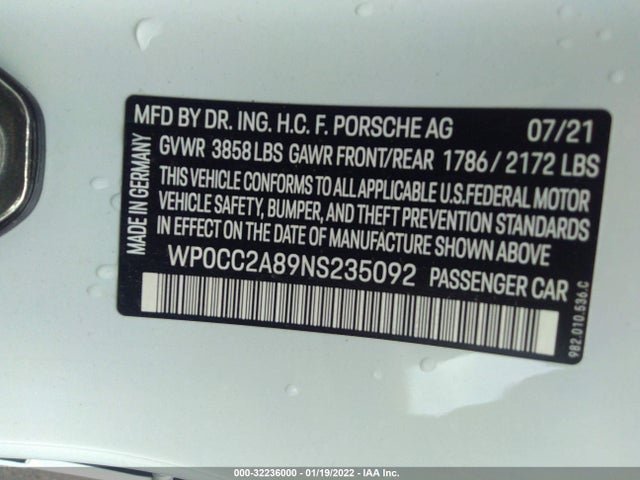 2022 Porsche 718, VIN: WP0CC2A89NS235092
