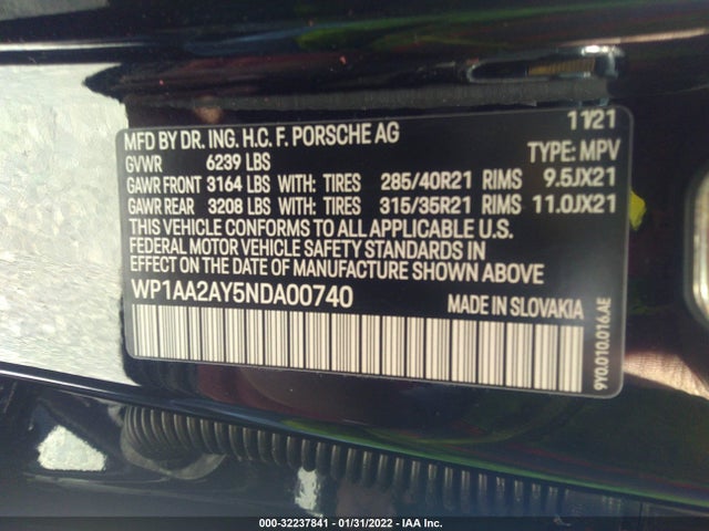 2022 Porsche Cayenne, VIN: WP1AA2AY5NDA00740