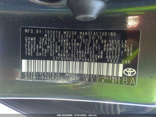 2016 TOYOTA COROLLA VIN: 5YFBURHE9GP484607