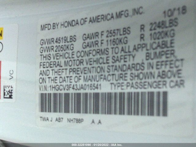 1HGCV3F43JA016541 Honda Accord Hybrid Ex