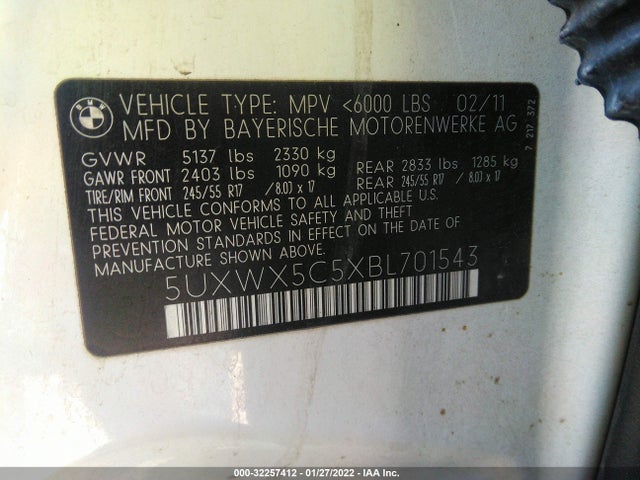 2011 BMW X3 28I VIN: 5UXWX5C5XBL701543