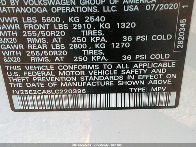 2020 Volkswagen Atlas, VIN: 1V25E2CA8LC220396