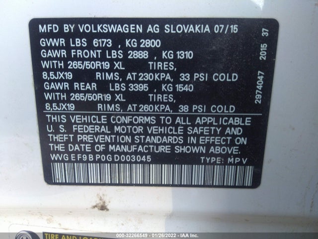 2016 Volkswagen Touareg, VIN: WVGEF9BP0GD003045