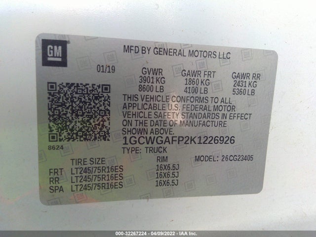 2019 Chevrolet Express, VIN: 1GCWGAFP2K1226926