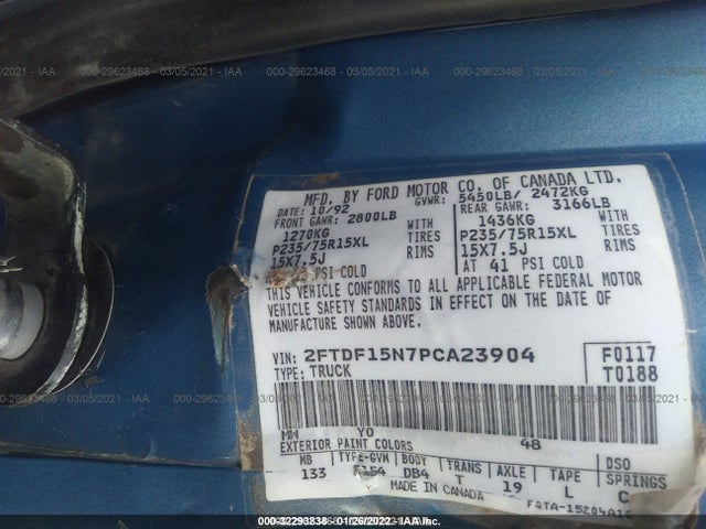 1993 FORD F150 VIN: 2FTDF15N7PCA23904