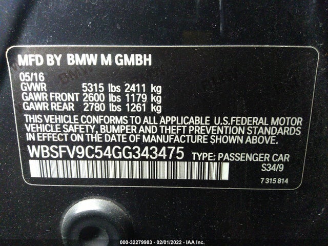 2016 BMW M5, VIN: WBSFV9C54GG343475
