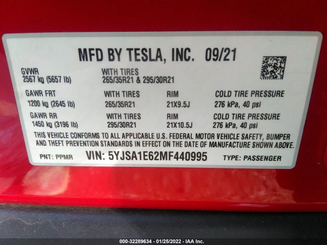 2021 Tesla Model S, VIN: 5YJSA1E62MF440995