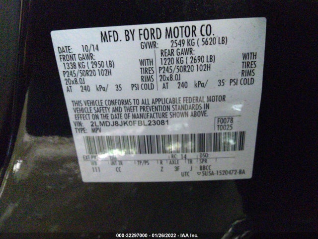 2015 Lincoln MKX, VIN: 2LMDJ8JK0FBL23081