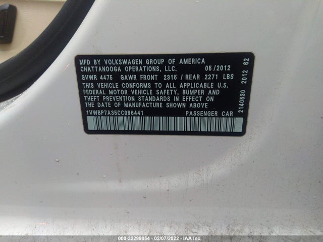 1VWBP7A35CC096441 Volkswagen Passat Se W/sunroof