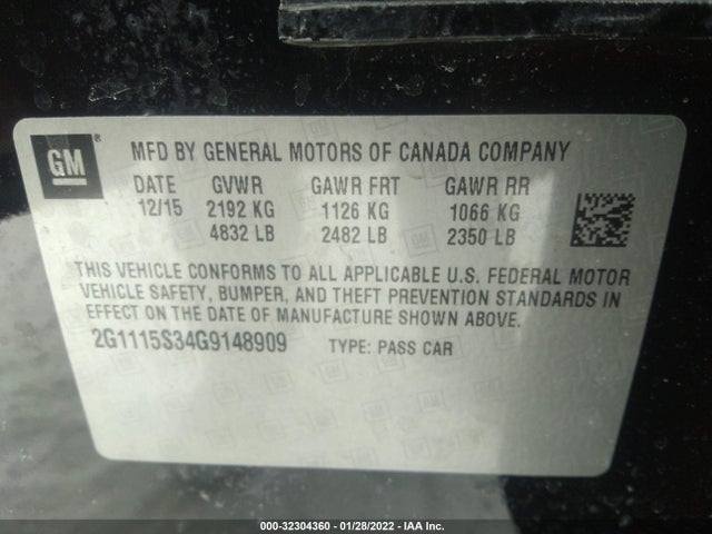 2016 CHEVROLET IMPALA LT VIN: 2G1115S34G9148909