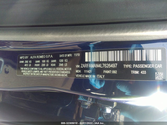 2020 Alfa Romeo Giulia, VIN: ZARFAMAN4L7626497