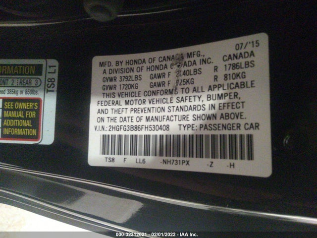 2015 HONDA CIVIC COUPE EX VIN: 2HGFG3B86FH530408