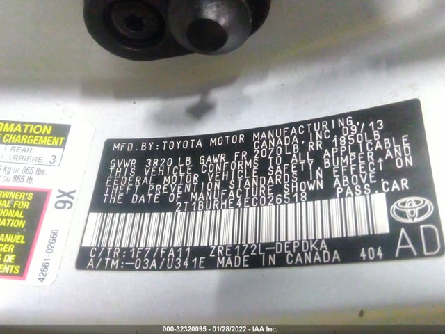 2014 TOYOTA COROLLA L/LE/S/S PLUS/LE PLUS VIN: 2T1BURHE4EC026518