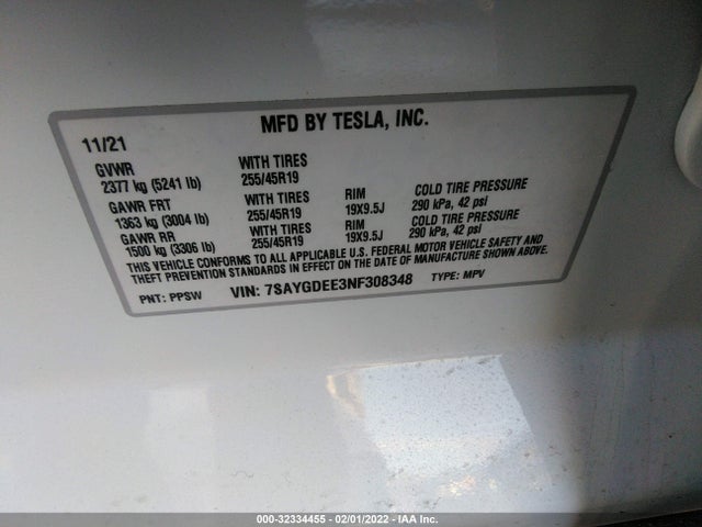 2022 Tesla Model Y, VIN: 7SAYGDEE3NF308348