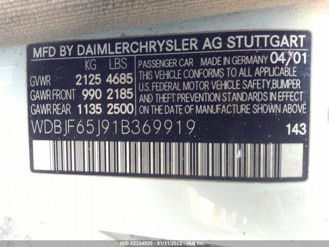 2001 MERCEDES-BENZ E-CLASS VIN: WDBJF65J91B369919