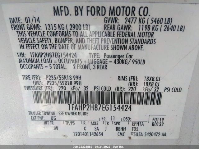 Ford TAURUS SEL 2014 1FAHP2H87EG154424 Image 9
