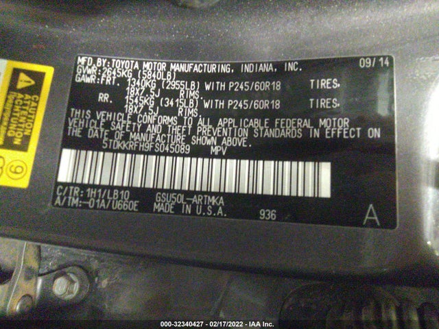 2015 TOYOTA HIGHLANDER XLE V6 VIN: 5TDKKRFH9FS045089