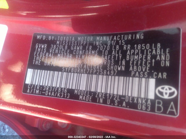 2015 TOYOTA COROLLA L/LE/S/S PLUS/LE PLUS VIN: 5YFBURHE7FP258497