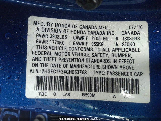 2016 Honda Civic, VIN: 2HGFC1F34GH653768