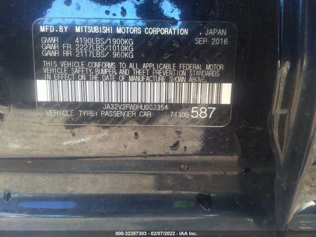 2017 Mitsubishi Lancer, VIN: JA32V2FW9HU003354