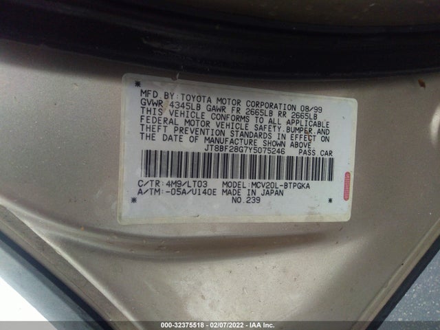 Lexus ES 300 2000 JT8BF28G7Y5075246 Image 10