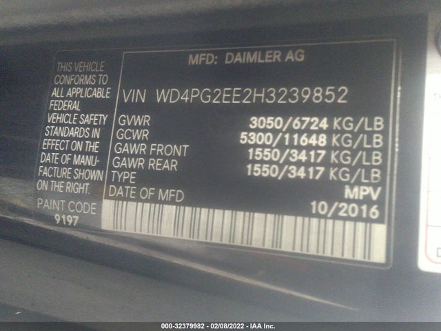 2017 Mercedes-Benz Metris, VIN: WD4PG2EE2H3239852