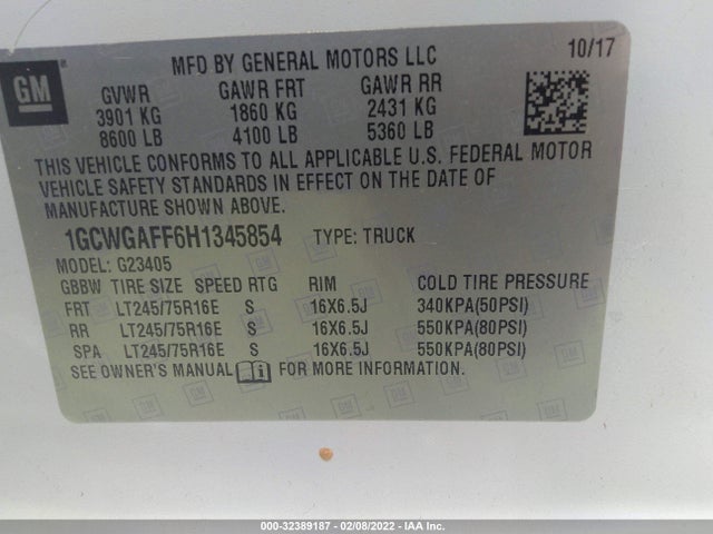 2017 Chevrolet Express, VIN: 1GCWGAFF6H1345854