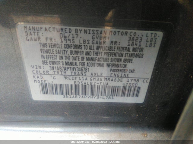 2017 NISSAN SENTRA S VIN: 3N1AB7AP7HY346781